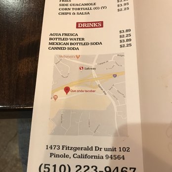 Que Onda Tacobar - Menu - Tacos Near Me - Pinole, California
