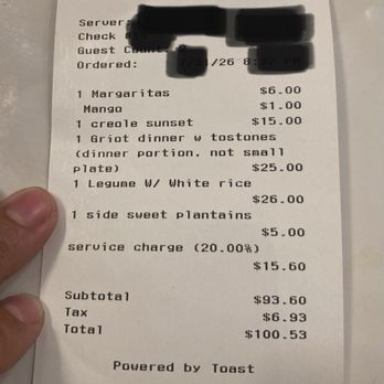 Lakay Bistro - Receipt with "service charge," which is NOT the tip, you're supposed to add an additional tip - Haitian Near Me - New York, New York Lakay Bistro - Receipt with "service charge," which is NOT the tip, you're supposed to add an additional tip - Haitian Near Me - New York, New York