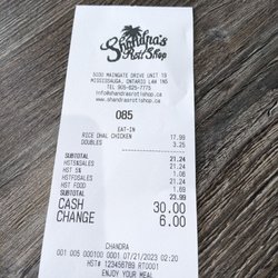 Shandra's Roti Shop - Receipt