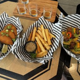 Beef empanadas, yucca fries and fried plantains with guacamole and added fried pork belly. :-)