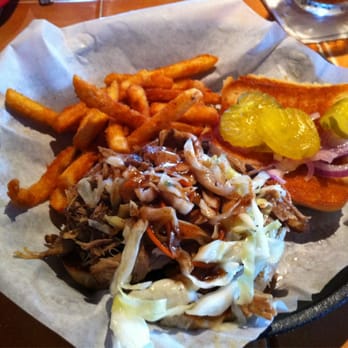R Bar & Grill - Killer pulled pork sandwich and fries. Perfect amount of vinegar in the slaw topping. - American Near Me - Marble Falls, Texas R Bar & Grill - Killer pulled pork sandwich and fries. Perfect amount of vinegar in the slaw topping. - American Near Me - Marble Falls, Texas