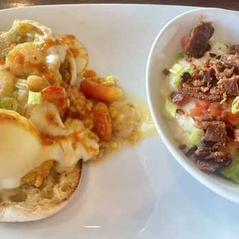 Another Broken Egg Cafe - Low country shrimp Benedict. City grits. - Breakfast & Brunch Near Me - Delray Beach, Florida Another Broken Egg Cafe - Low country shrimp Benedict. City grits. - Breakfast & Brunch Near Me - Delray Beach, Florida
