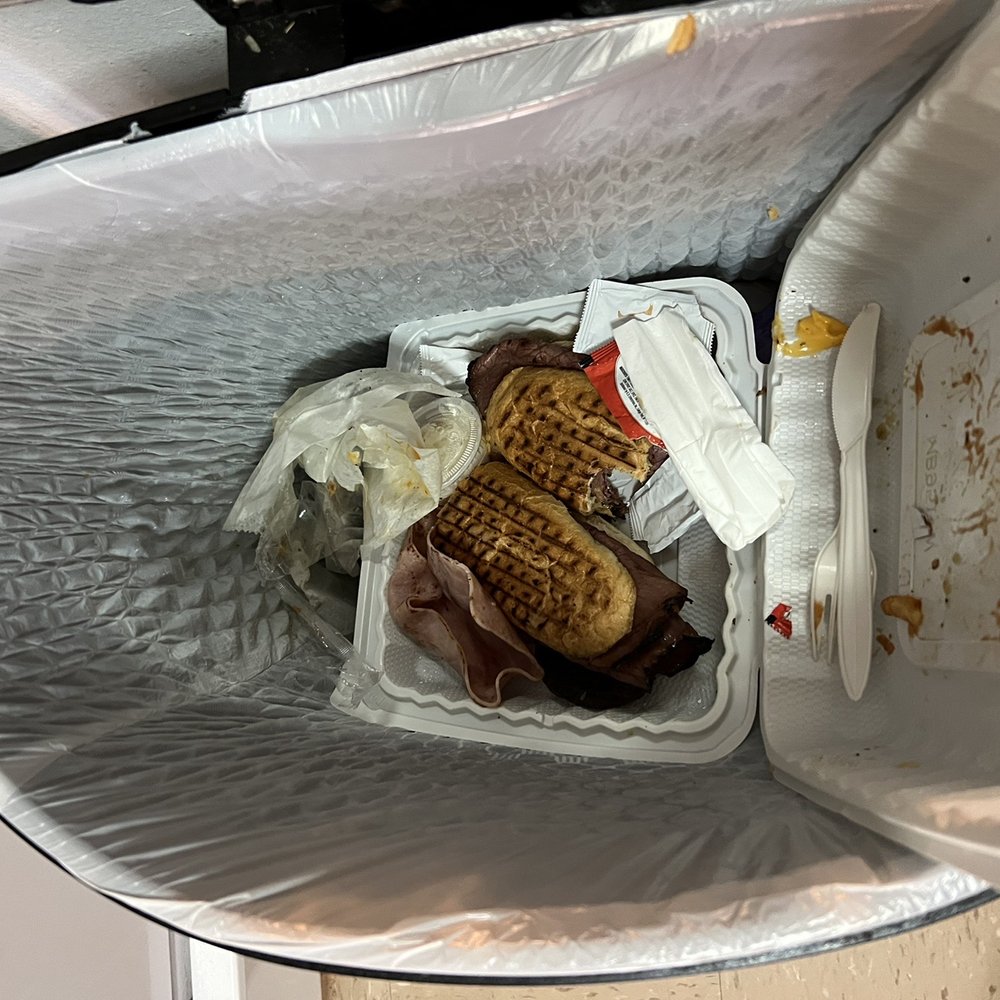 Threw almost my entire pastrami and cheese panini with a side order of sausage, ham and even bacon in the trash Threw almost my entire pastrami and cheese panini with a side order of sausage, ham and even bacon in the trash