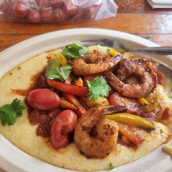 Bang Bang Pie & Biscuits - Shrimp & Grits  Fajita style shrimp, blistered cherry tomatoes, grilled onions & bell peppers, cilantro & a squeeze of lime - Bakeries Near Me - Chicago, Illinois