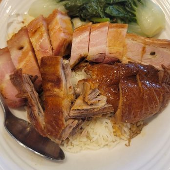 New Great Wall BBQ - BBQ on Rice plate with Roasted Pork Belly and Roasted Duck. There's also a salted egg behind the Roasted Pork Belly! - Barbeque Near Me - Chicago, Illinois