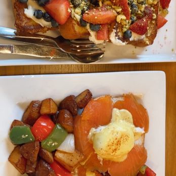 Stax Cafe - Honey ricotta French toast and smoked salmon eggs Benedict-no caviar. - Breakfast & Brunch Near Me - Chicago, Illinois