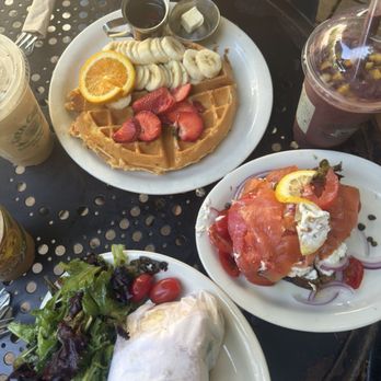 Urth Caffé-Pasadena - Grilled Cilantro Chicken with Pesto Sandwich Half , D'Lox Toast and Waffle with fruit - Cafes Near Me - Pasadena, California Urth Caffé-Pasadena - Grilled Cilantro Chicken with Pesto Sandwich Half , D'Lox Toast and Waffle with fruit - Cafes Near Me - Pasadena, California