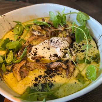 SkyFire - Green risotto - A bowl of green risotto garnished with mushrooms, microgreens, and black crumbs, served in a restaurant setting. - American Near Me - Santa Fe, New Mexico