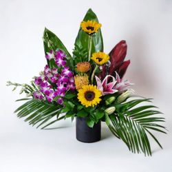 Gulfport Florist - Sunfloral Embrace
Sunflowers, dendrobiums orchids, stargazer lilies, pin cushion proteas and tropical greens.