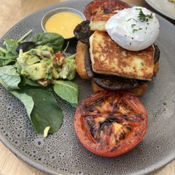 Chocolate Frog Cafe - Portobello, halloumi, stacked hash with poached egg.