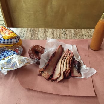 City Market - 1/2 pound of brisket, link of smoked sausage and the awesome BBQ sauce - Barbeque Near Me - Luling, Texas
