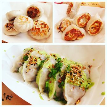 East Wind Snack Shop - Top left: dry aged beef potstickers, top right: pork dumplings, bottom: vegetable dumplings - Dim Sum Near Me - Brooklyn, New York East Wind Snack Shop - Top left: dry aged beef potstickers, top right: pork dumplings, bottom: vegetable dumplings - Dim Sum Near Me - Brooklyn, New York