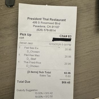 President Thai - Receipt - Thai Near Me - Pasadena, California