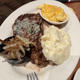 Ribeye, mashed potatoes, and Mac and cheese