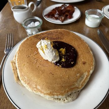 Supper - Pancakes berry compote, maple syrup (it's real!), whipped cream cheese (yum!), orange zest. - New American Near Me - San Antonio, Texas