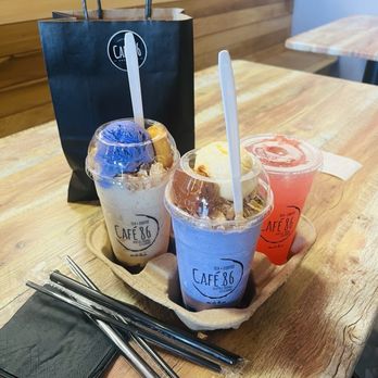 Cafe 86 - Yummy drinks on this hot day! Halo Halos and Strawberry Calamansi Cooler. And Desserts for later. - Desserts Near Me - Los Angeles, California