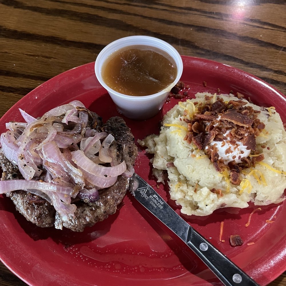 The Pub 36 - Hamburger steak with loaded mashed potatoes. Excellent! - American Near Me - Needville, Texas