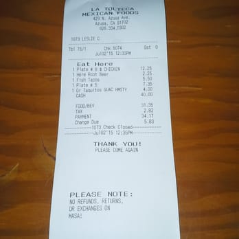 La Tolteca - The bill - Mexican Near Me - Azusa, California