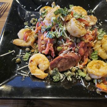 Gracious Plates on Main - Their own version of Shrimp and Grits.  Yes there is a Grit Cake under there somewhere! - New American Near Me - Franklin, North Carolina