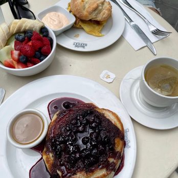 Clinton St. Baking Company - Blueberry pancakes, fruit bowl, tea and breakfast sandwich - Breakfast & Brunch Near Me - Brooklyn, New York
