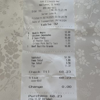 Don Jose's - Dinner reciept - Mexican Near Me - New Lenox, Illinois Don Jose's - Dinner reciept - Mexican Near Me - New Lenox, Illinois