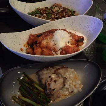 Anytime Kitchen  - Bossam, ddukboki, and Brussels sprouts (front to back) - Korean Near Me - New York, New York