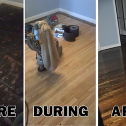 Aron Burnett Floor Refinishing - Originally a carpeted room. Under the carpet was linoleum tile, and the black stuff was adhesive. Solid job!