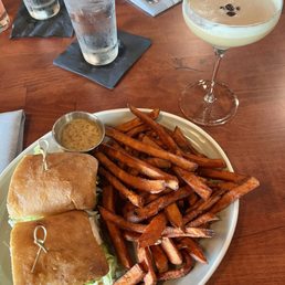Sweet potato fries, espresso martini, Fresh Catch sandwich Sweet potato fries, espresso martini, Fresh Catch sandwich
