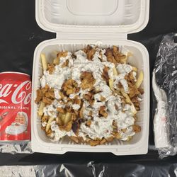 Mesoresto - This is the loaded chicken shawarma fries. With a can of good ol Coca Cola.