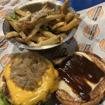 Bad Daddy's Burger Bar - Created my own turkey burger with cheese, A1 Steaksauce, and caramelized onions . Order of truffle fries - Burgers Near Me - Winston-Salem, North Carolina