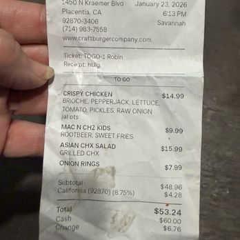 Craft Burger - Receipt - Burgers Near Me - Placentia, California