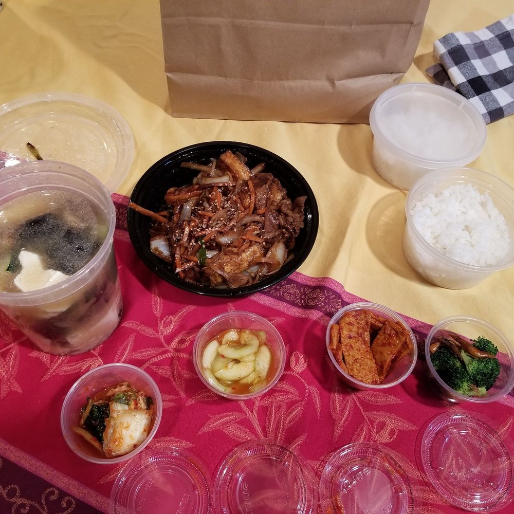 Bam Bam Kitchen - Mushroom tofu soup (no spice) Stirfry w/ pork belly+tofu, soy sauce flavor. Complimentary banchons- brocolli, cucumber, fishcake, and kimchi - Korean Near Me - Ardmore, Pennsylvania