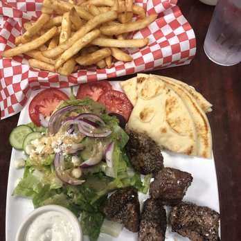 Marilyn's Mediterranean Kitchen - Beef kabobs with Greek salad and French fries. Delicious! - Mediterranean Near Me - Simi Valley, California