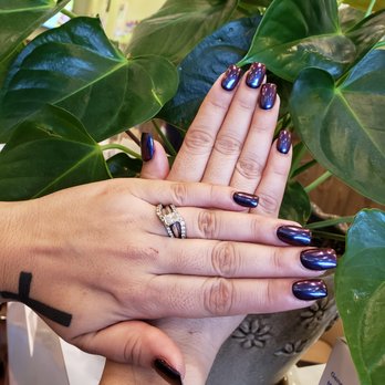 Riju Nails & Spa - The dark blue chrome matches with her tattoo on her hand. It's just so gorgeous and sexy. - Nail Salons Near Me - Westfield, New Jersey