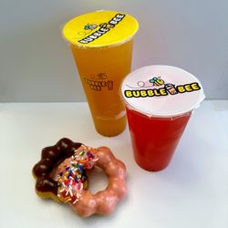 Bubble Bee - Milk-chocolate and strawberry donuts; Passion-fruit and strawberry popping fruit teas