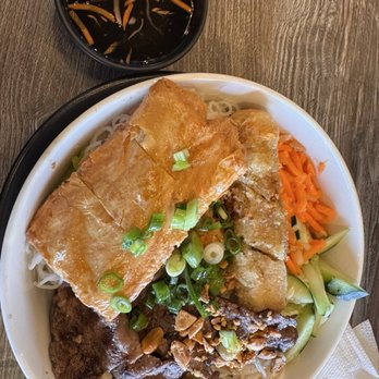 Saigon Eden - Grill Beef with eggroll and shrimp tofu skin on vermicelli. - Vietnamese Near Me - Chino Hills, California Saigon Eden - Grill Beef with eggroll and shrimp tofu skin on vermicelli. - Vietnamese Near Me - Chino Hills, California