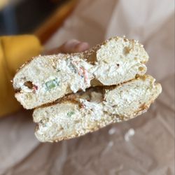Old Salt Fish and Bagels - Sesame bagel with veggie cream cheese $6