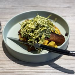 A little coleslaw forward, but it adds acid to the breakfast tostada A little coleslaw forward, but it adds acid to the breakfast tostada