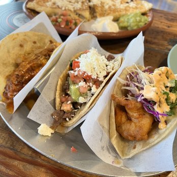 Taco Y Vino - Beef choriqueso, carna asada & shrimp tempura tacos - Tacos Near Me - Dallas, Texas