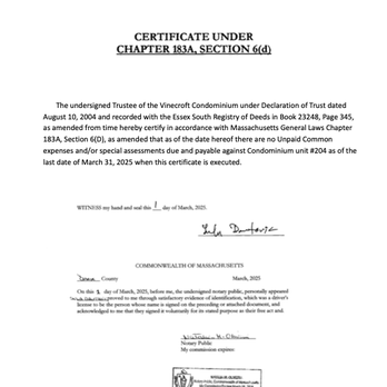 Huss Court Properties - 6 D certificate notarized and signed by trustee on March 1, 2026 - Lynn, Massachusetts Huss Court Properties - 6 D certificate notarized and signed by trustee on March 1, 2026 - Lynn, Massachusetts