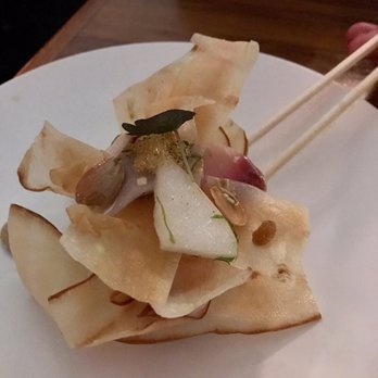 Uchi Austin - Yucca chips with smoked hamachi - Sushi Bars Near Me - Austin, Texas Uchi Austin - Yucca chips with smoked hamachi - Sushi Bars Near Me - Austin, Texas