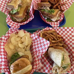 Bom bom burger with chips , Micheal's wrap with fries, BLT sandwiches with sweet potato fries and chips. Bom bom burger with chips , Micheal's wrap with fries, BLT sandwiches with sweet potato fries and chips.