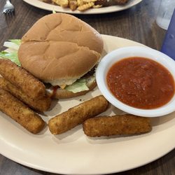Homer's Drive Inn - Double Cheeseburger with lettuce, ketchup and mayo. mozzarella sticks with marinara dipping sauce
