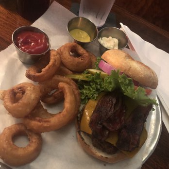 Whiskey Bar Kitchen - WBK burger with onion rings $9.65 - Pubs Near Me - Augusta, Georgia Whiskey Bar Kitchen - WBK burger with onion rings $9.65 - Pubs Near Me - Augusta, Georgia