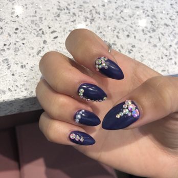 Noire Nail Bar - Matte navy blue nails, OPI K4 from the new collection they have! Rhinestones and pearls for my design - Nail Salons Near Me - Lutz, Florida Noire Nail Bar - Matte navy blue nails, OPI K4 from the new collection they have! Rhinestones and pearls for my design - Nail Salons Near Me - Lutz, Florida