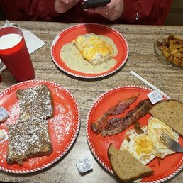 Two eggs and toast, sunshine stack, house fries, and French Toast. Two eggs and toast, sunshine stack, house fries, and French Toast.