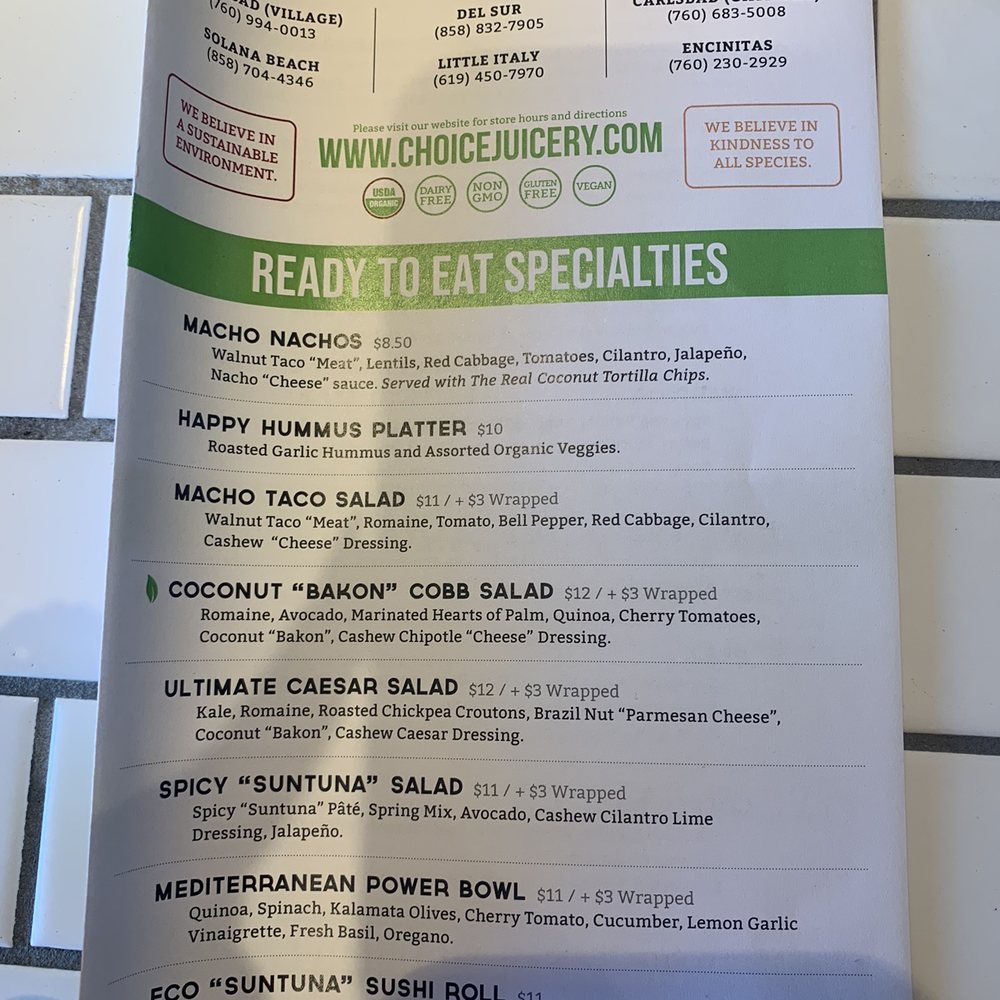 Choice juicery - Menu - Vegan Near Me - Solana Beach, California Choice juicery - Menu - Vegan Near Me - Solana Beach, California