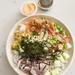 2 protein customizable bowl with sesame shoyu and sriracha mayo on the side