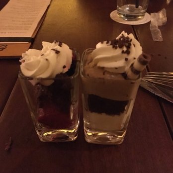 Seasons 52 - Raspberry brownie dessert on left, cappuccino on right. - New American Near Me - Columbia, Maryland Seasons 52 - Raspberry brownie dessert on left, cappuccino on right. - New American Near Me - Columbia, Maryland