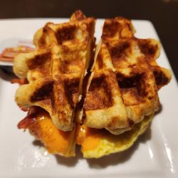 Blue Moose - Waffle bacon breakfast. 2024. Add syrup and eat with a fork or just pick up like a sandwich.